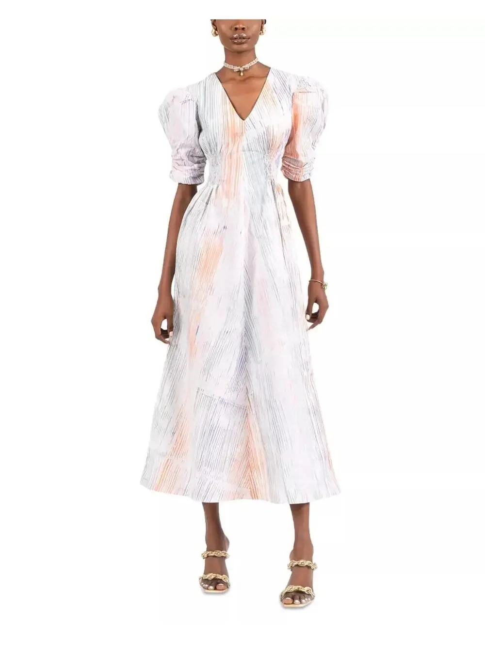 485$ Busayo Adu Abstract-Print Fit & Flare Midi Dress Puff Sleeves Size S White